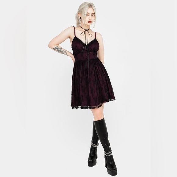 Disturbia Plum Lace Slip Dress | Whimsigoth Goth Core Mini | US 6 - Picture 8 of 15
